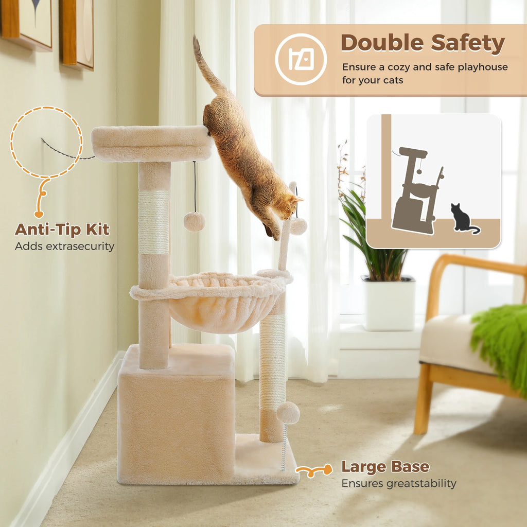 4-in-1 Cat Tree with Large Cat Condo, Sisal Scratching Post, Deep Hammock, Cozy Top Perch, Small Cat Tower for Indoor, Cat Toys