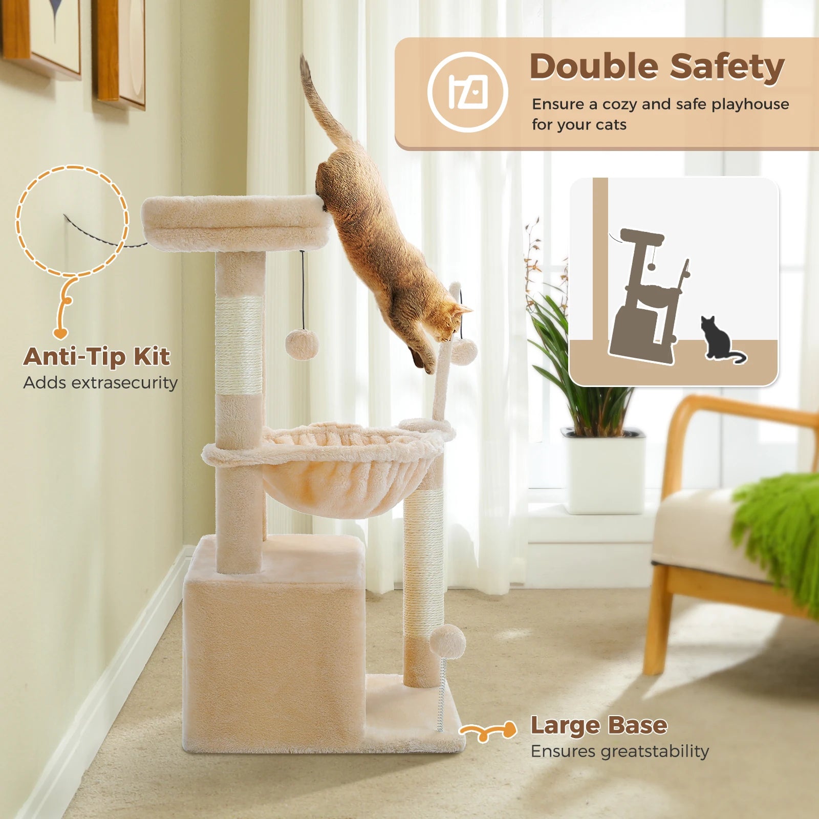 4-in-1 Cat Tree with Large Cat Condo, Sisal Scratching Post, Deep Hammock, Cozy Top Perch, Small Cat Tower for Indoor, Cat Toys