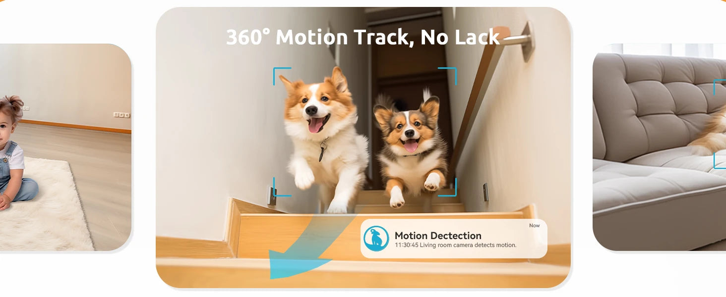 Pet Camera 2K, 360° Indoor Security Camera, Dog Camera with Phone App, PTZ Cameras for Home Security Indoor, No plug