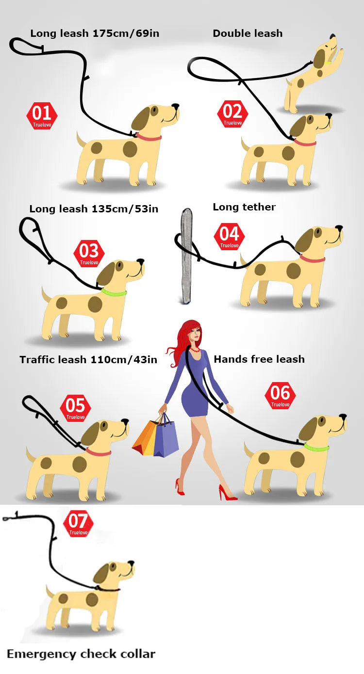 Truelove 7 In 1 Multi-Function Adjustable Dog Lead Hand Free Pet Training Leash Reflective Multi-Purpose Dog Leash Walk 2 Dogs