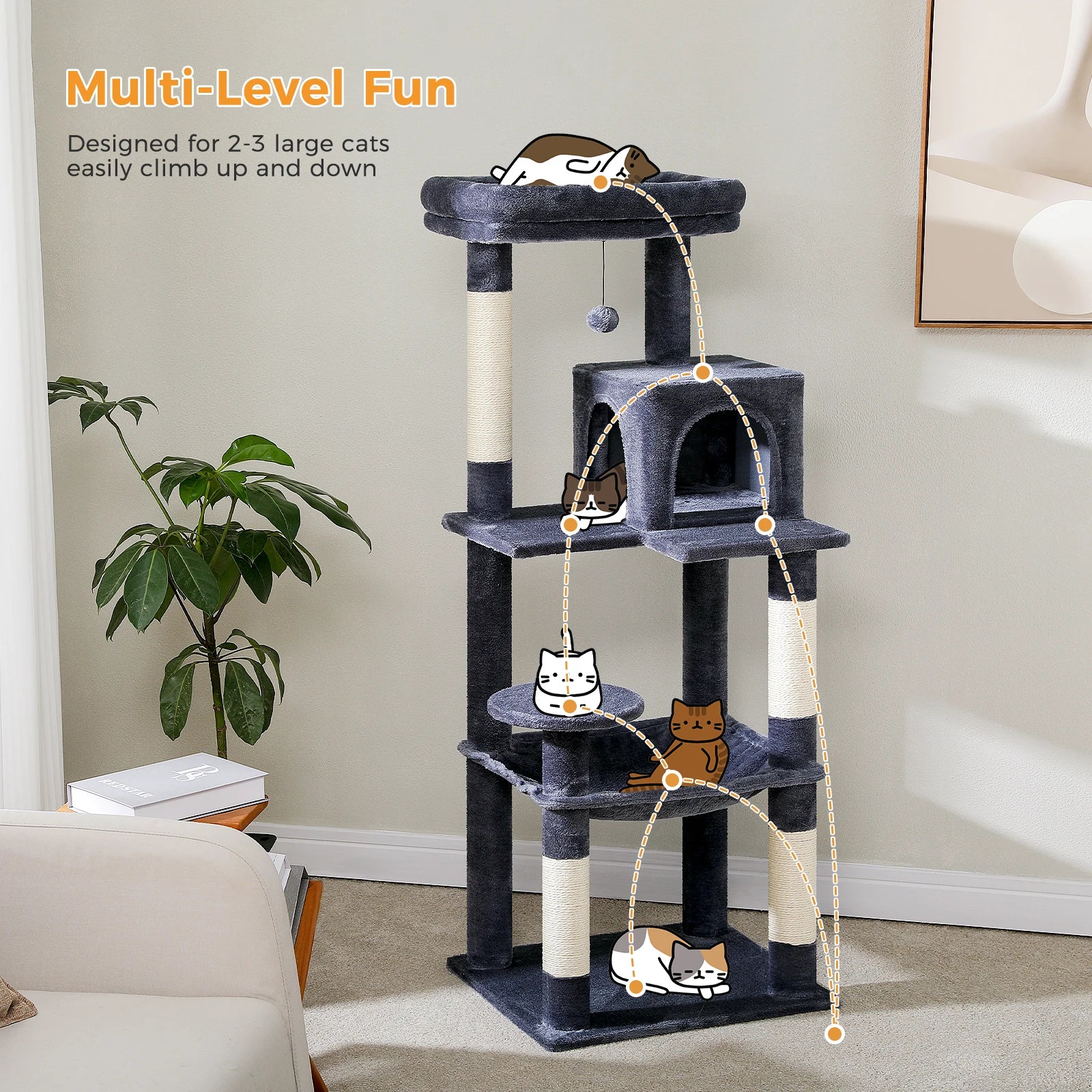 Cat Tree for Indoor Cats 5-Level Cat Tower for Large Cats with Large Hammock Sisal Covered Scratching Posts Cozy Condo Top Perch