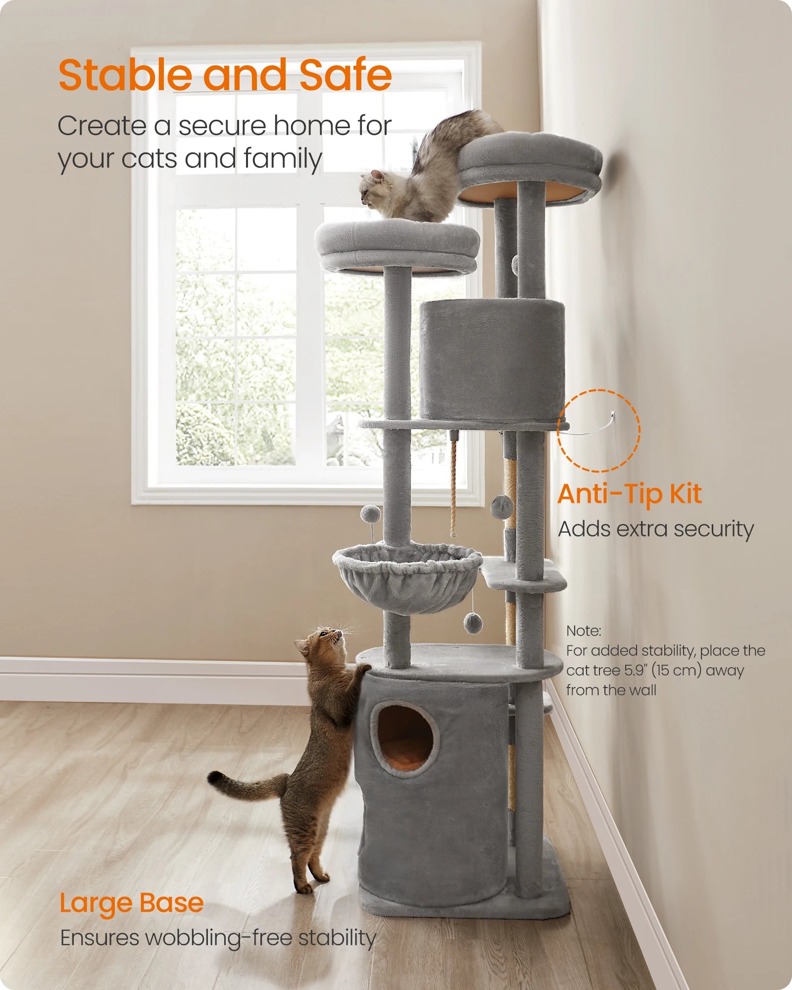 Feandrea XXL Cat Tree, 196 cm Tall Cat Tower, Multi-Level Plush Cat Condo