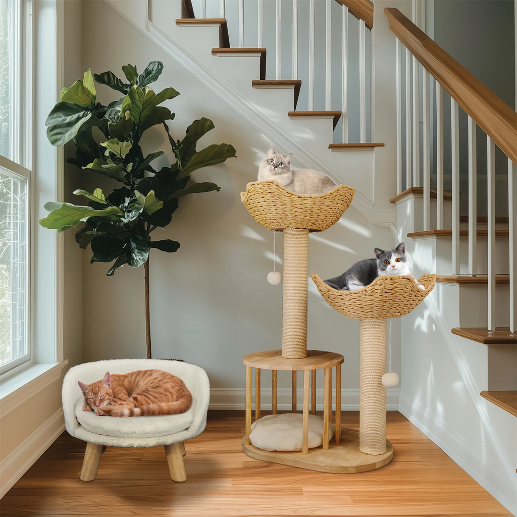 99CM Tall Multilevel Cat Tree Activity Tower Center with Plush Cushion Dangling Ball Baskets Condo Scratching Post for Indoor