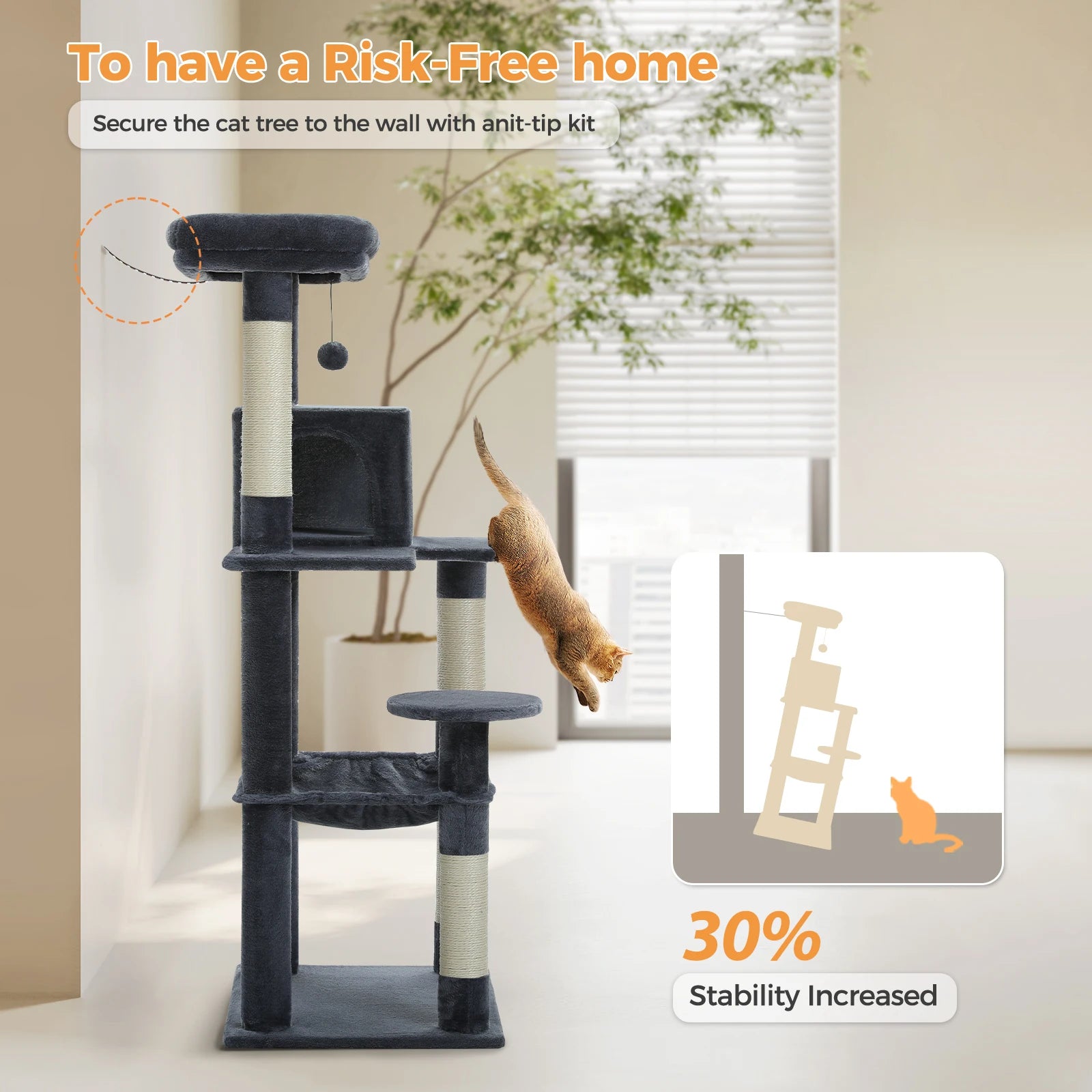 Cat Tree for Indoor Cats 5-Level Cat Tower for Large Cats with Large Hammock Sisal Covered Scratching Posts Cozy Condo Top Perch