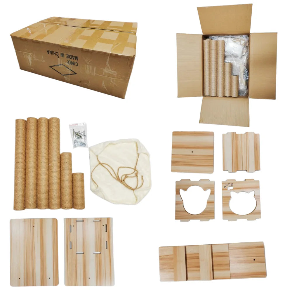 Multi-layer Platform Cat Tree tower Wooden House Sisal Rope Cat Scratching Posts Scrapers Grinding Hammock Cat Climbing Frame