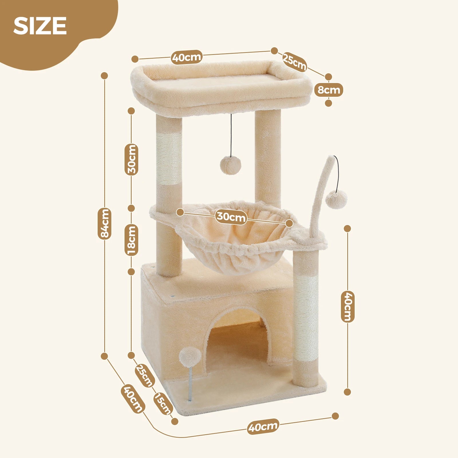 4-in-1 Cat Tree with Large Cat Condo, Sisal Scratching Post, Deep Hammock, Cozy Top Perch, Small Cat Tower for Indoor, Cat Toys