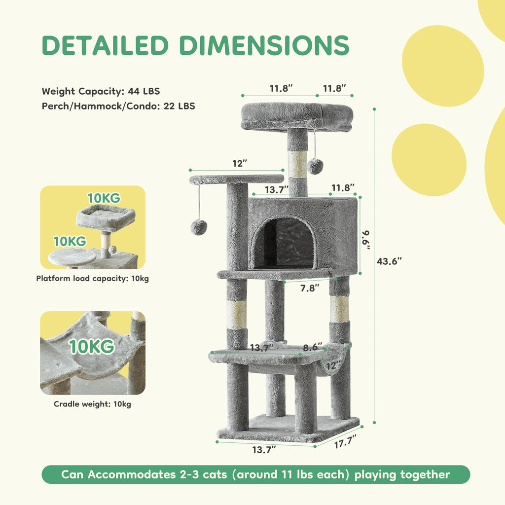 JHK 44In Cat Tree Tall Multi-Cat Climbing Tower for Pet Furniture Natural Sisal Scratching Posts Stable Pet House for Indoor Cat