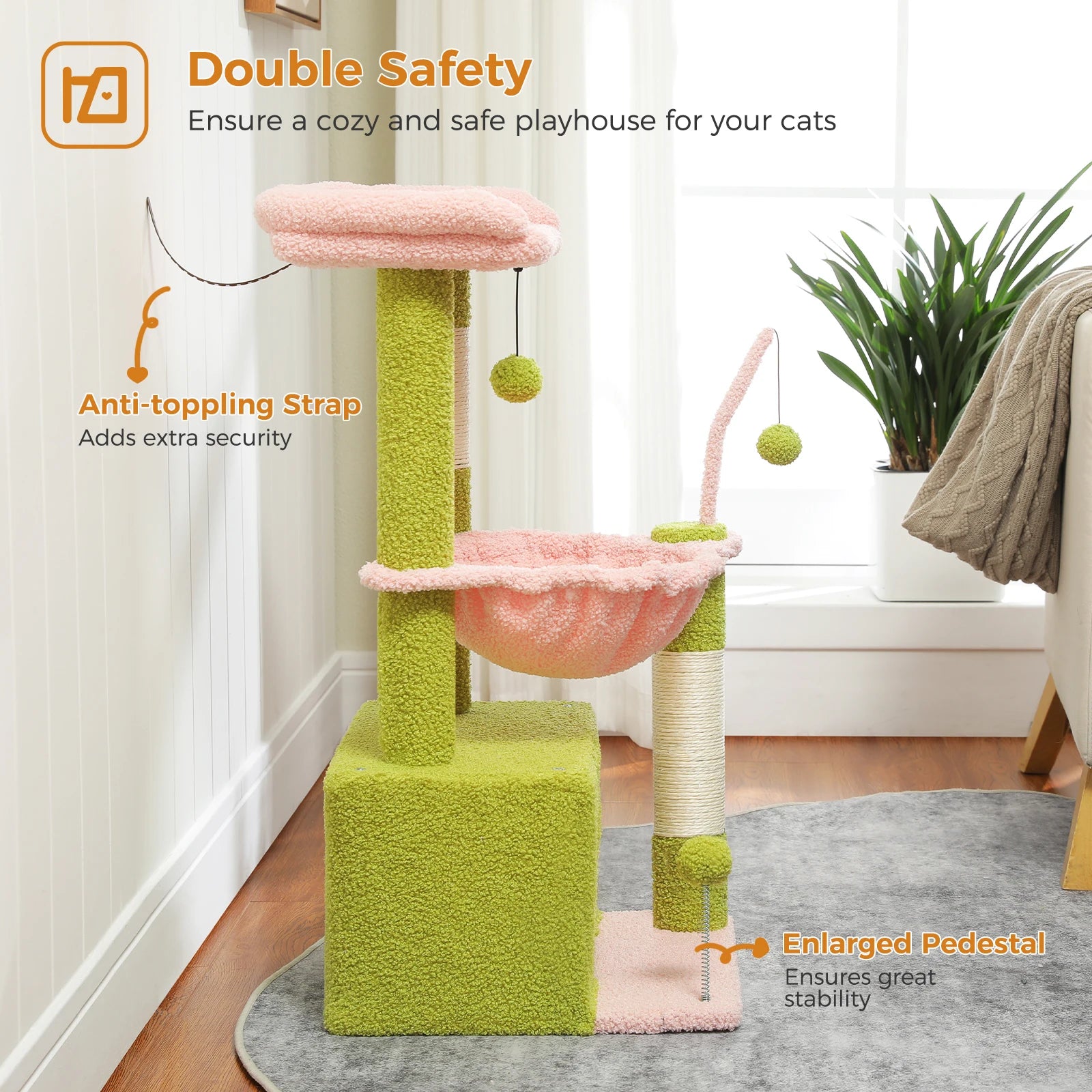 4-in-1 Cat Tree with Large Cat Condo, Sisal Scratching Post, Deep Hammock, Cozy Top Perch, Small Cat Tower for Indoor, Cat Toys