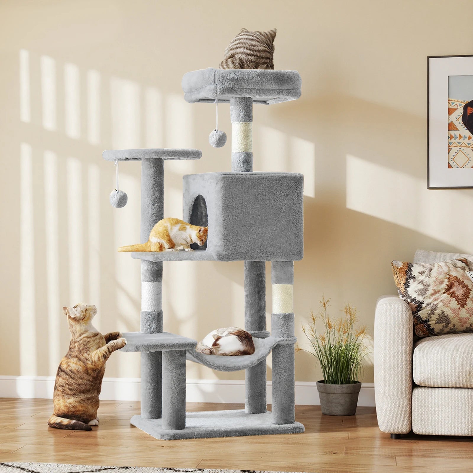 JHK 44In Cat Tree Tall Multi-Cat Climbing Tower for Pet Furniture Natural Sisal Scratching Posts Stable Pet House for Indoor Cat